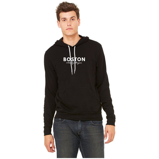 Black Charly Bryan Boston hoodie with small white chest lettering, worn with jeans.