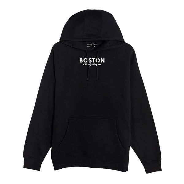 Black Charly Bryan Boston hoodie with small city lettering and script at the chest, front view.