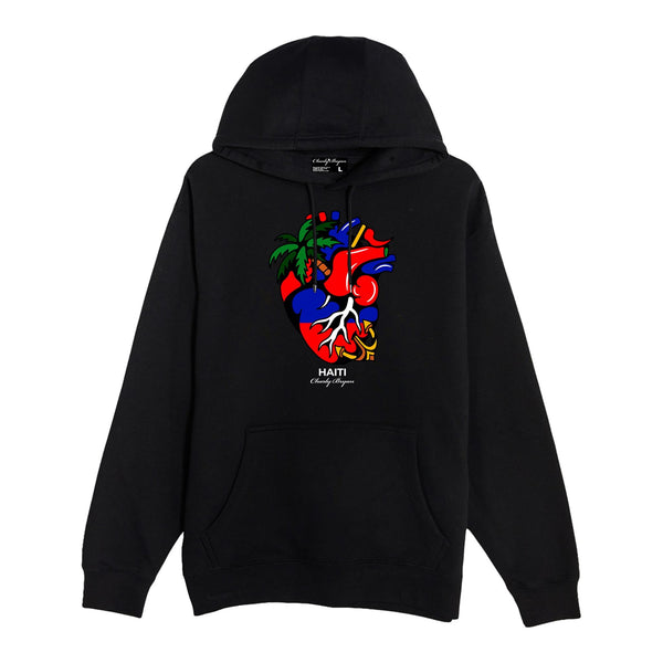 Black Charly Bryan Haiti hoodie with Flag in My Heart artwork at the chest, front view.