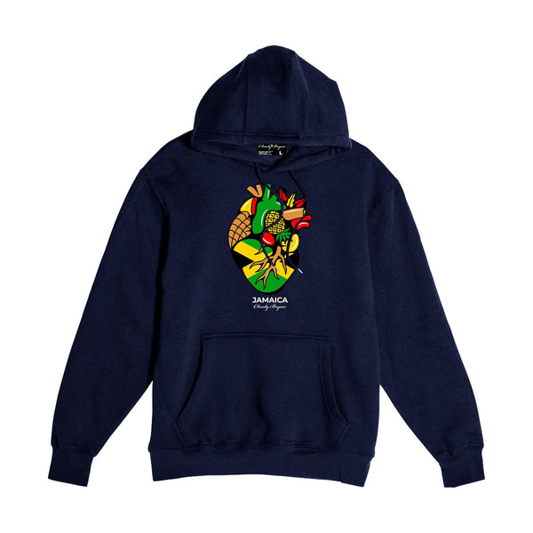 Navy Charly Bryan Jamaica hoodie with Flag in My Heart artwork at the chest, front view.