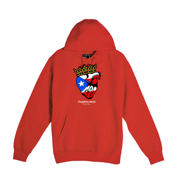Red Charly Bryan Puerto Rico hoodie with Flag in My Heart artwork at the chest, front view.
