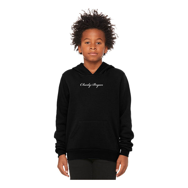 Black Charly Bryan Classic Logo youth pullover hoodie with small chest script, worn in a front view.