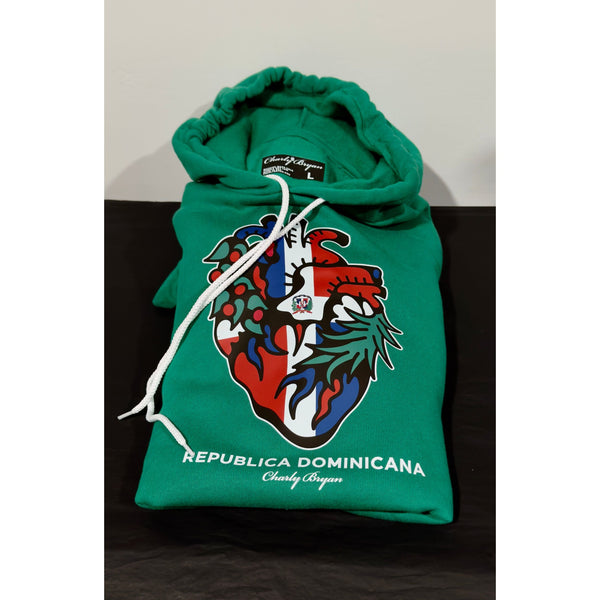 Folded green Charly Bryan hoodie with Dominican Republic heart artwork and white drawcords.