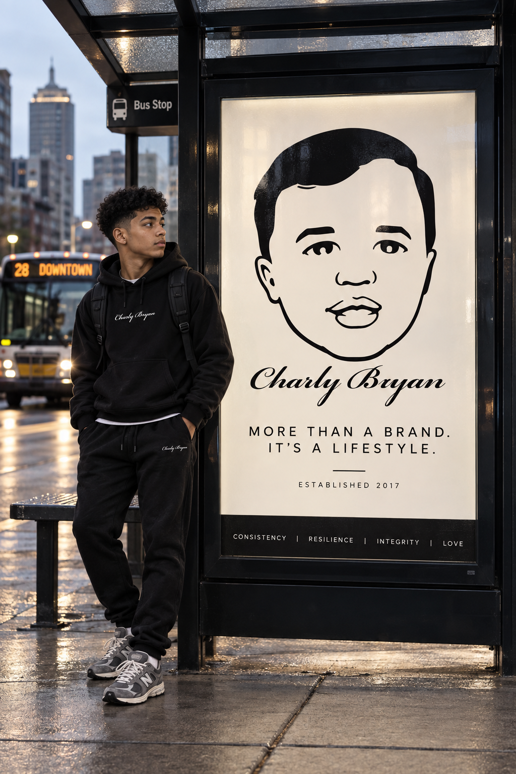 Charly Bryan Classic hoodie campaign at a city bus stop