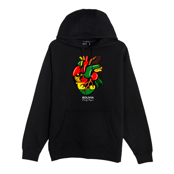 Black Charly Bryan Bolivia hoodie with Flag in My Heart artwork at the chest, front view.