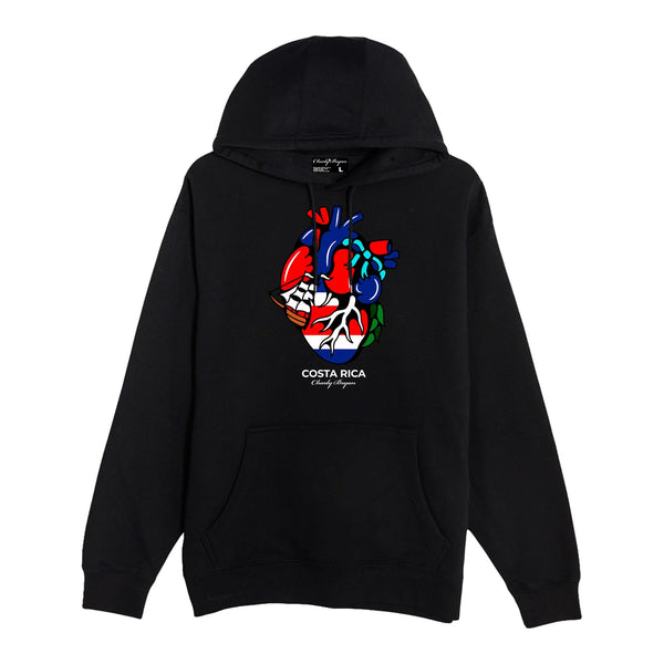 Black Charly Bryan Costa Rica hoodie with Flag in My Heart artwork at the chest, front view.