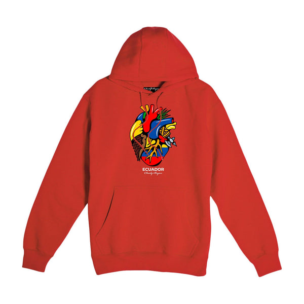Red Charly Bryan Ecuador hoodie with Flag in My Heart artwork at the chest, front view.