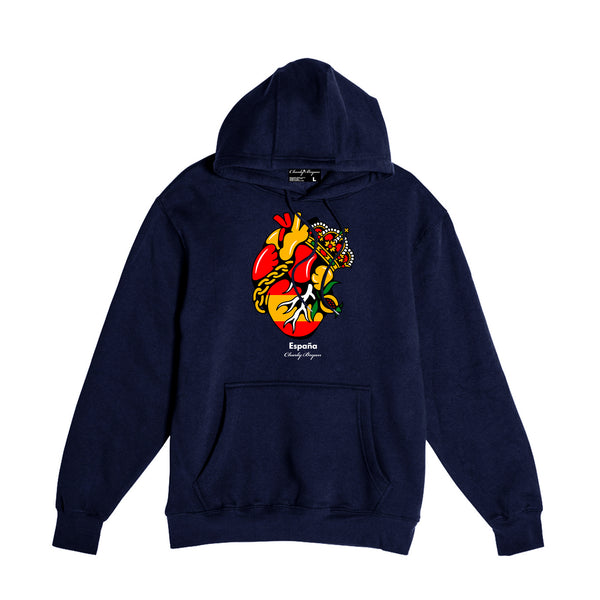 Navy Charly Bryan Spain hoodie with Flag in My Heart artwork at the chest, front view.