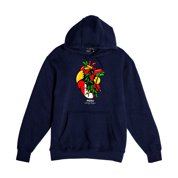 Navy Charly Bryan Peru hoodie with Flag in My Heart artwork at the chest, front view.