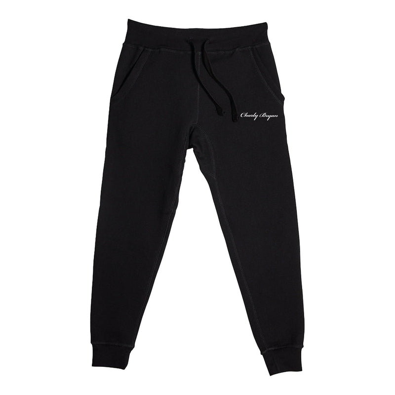 Original black Charly Bryan Classic Joggers with small white thigh script