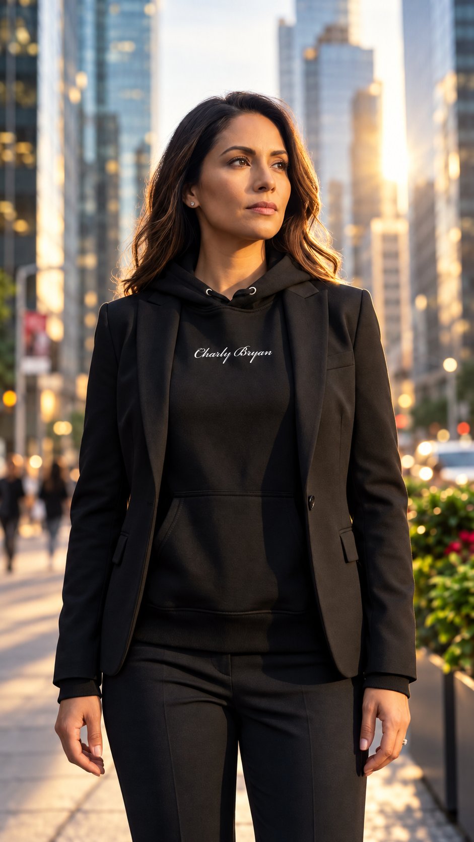 Black Charly Bryan script-logo hoodie styled under a black blazer in a city campaign.