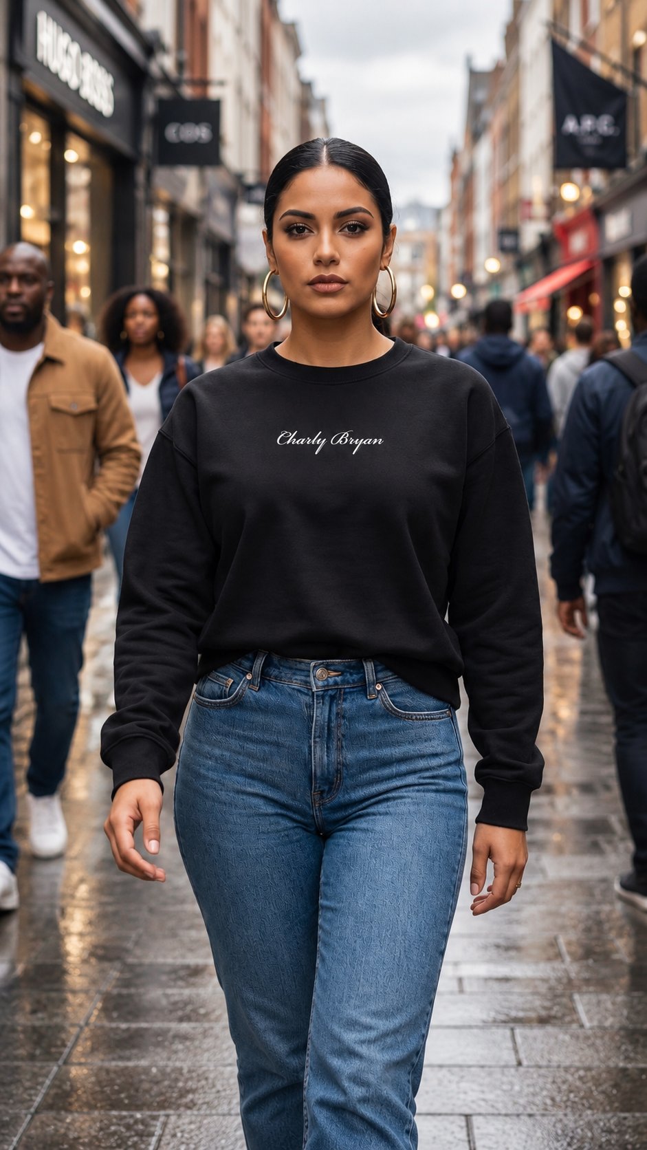 Black Charly Bryan script-logo crewneck styled with blue jeans in a street campaign.