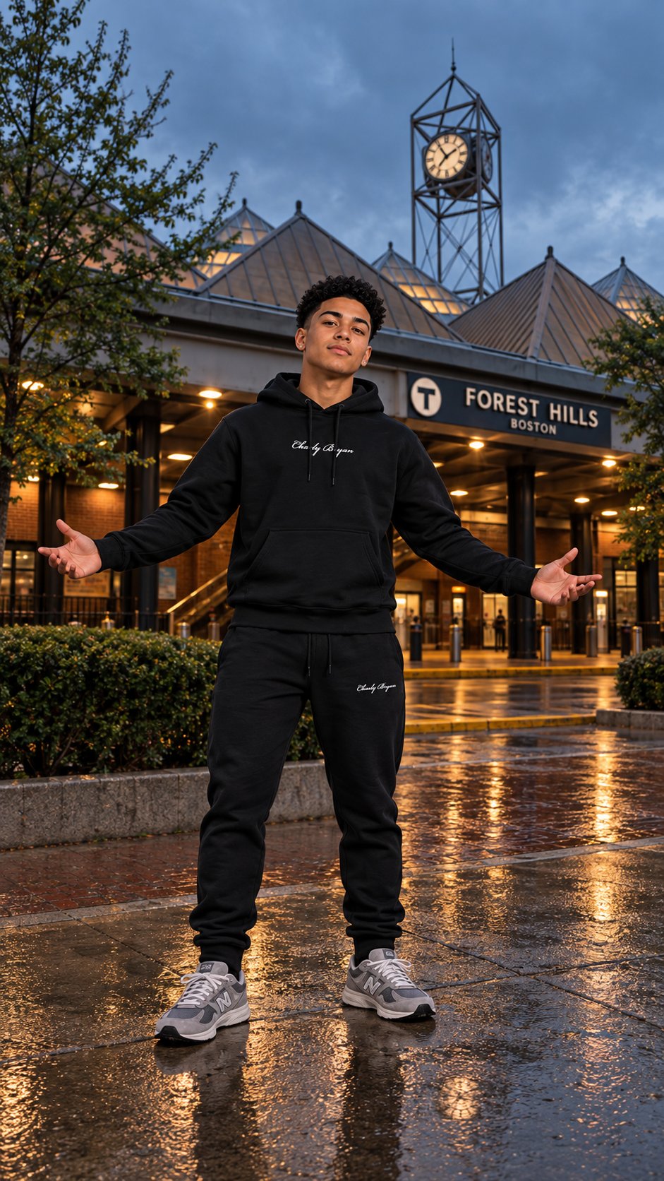 Black Charly Bryan script-logo hoodie and joggers in a Forest Hills Station campaign scene.